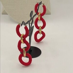3.22.26-14 Red Triple-Link Wrapped Hoop Earrings with Goldtone Accents
